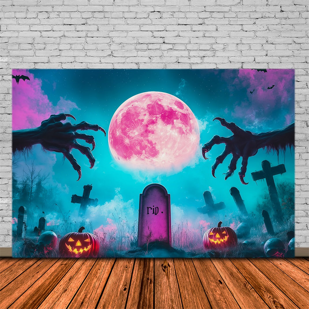 Custom Halloween Backdrop Pink Moon Graveyard Claws Halloween Graveyard Backdrop RR67-14