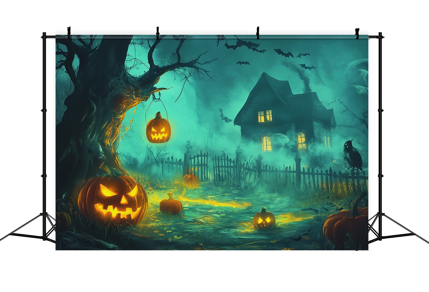 Halloween Backdrop Photography Foggy Pumpkin Haunted Cottage Halloween Scary Backdrop RR67-141