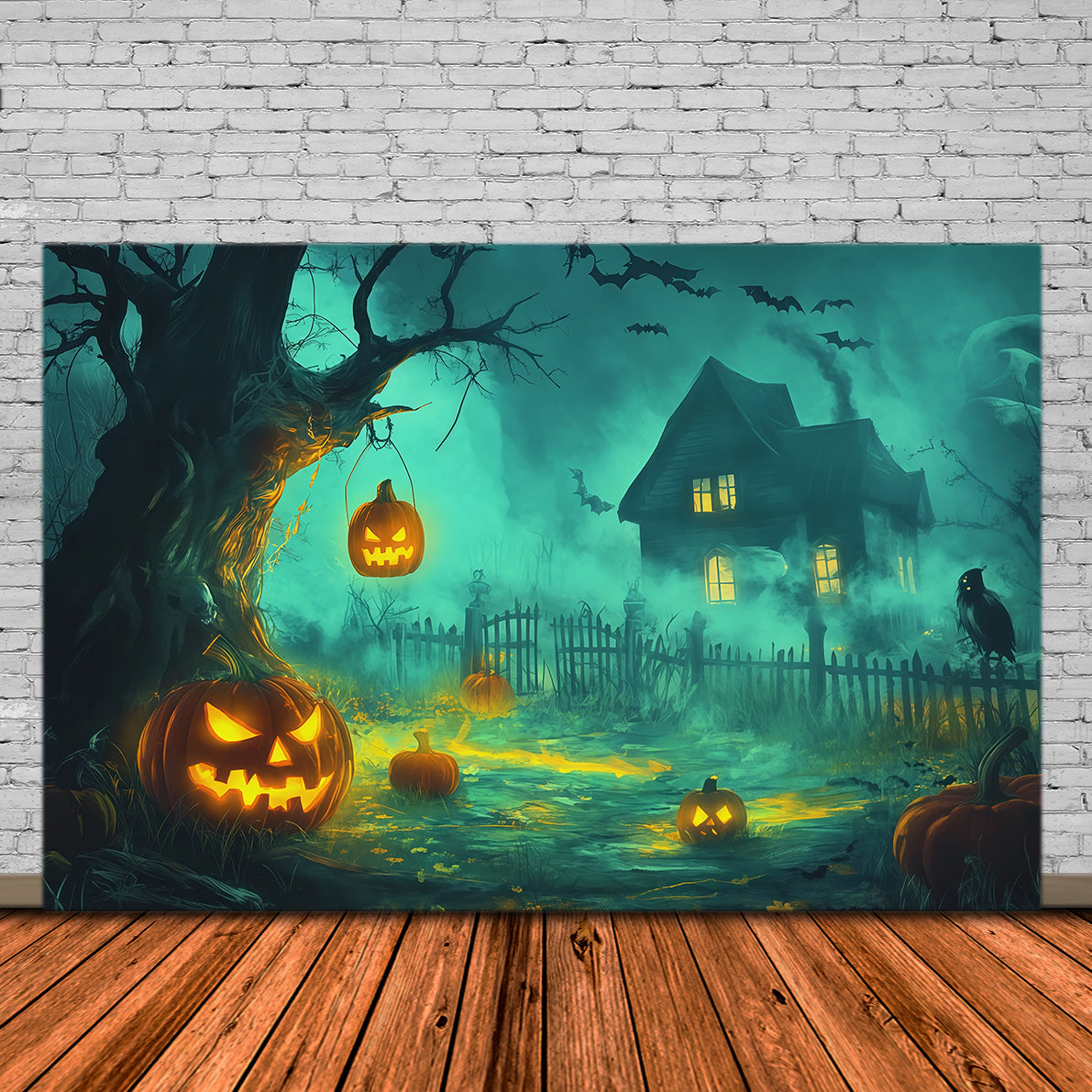Halloween Backdrop Photography Foggy Pumpkin Haunted Cottage Halloween Scary Backdrop RR67-141