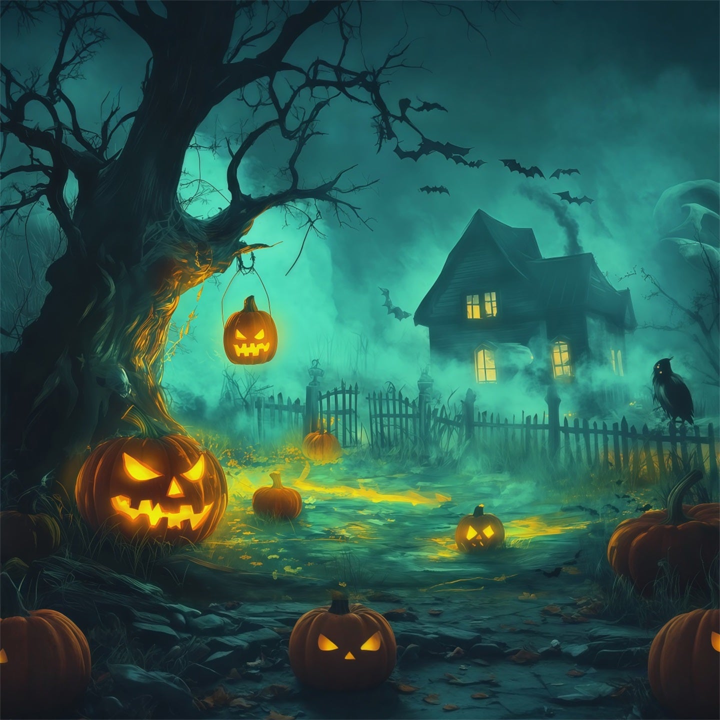 Halloween Backdrop Photography Foggy Pumpkin Haunted Cottage Halloween Scary Backdrop RR67-141