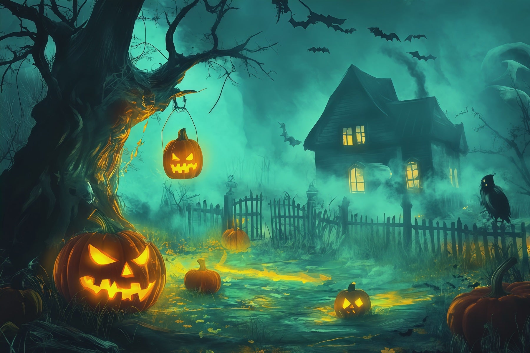 Halloween Backdrop Photography Foggy Pumpkin Haunted Cottage Halloween Scary Backdrop RR67-141