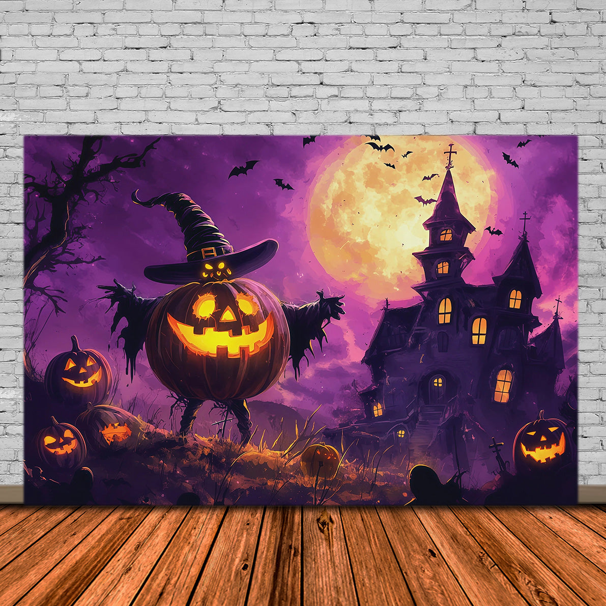 Halloween Party Photo Backdrop Ideas Moonlit Pumpkin Witch Mansion Creepy Halloween Backdrop RR67-144