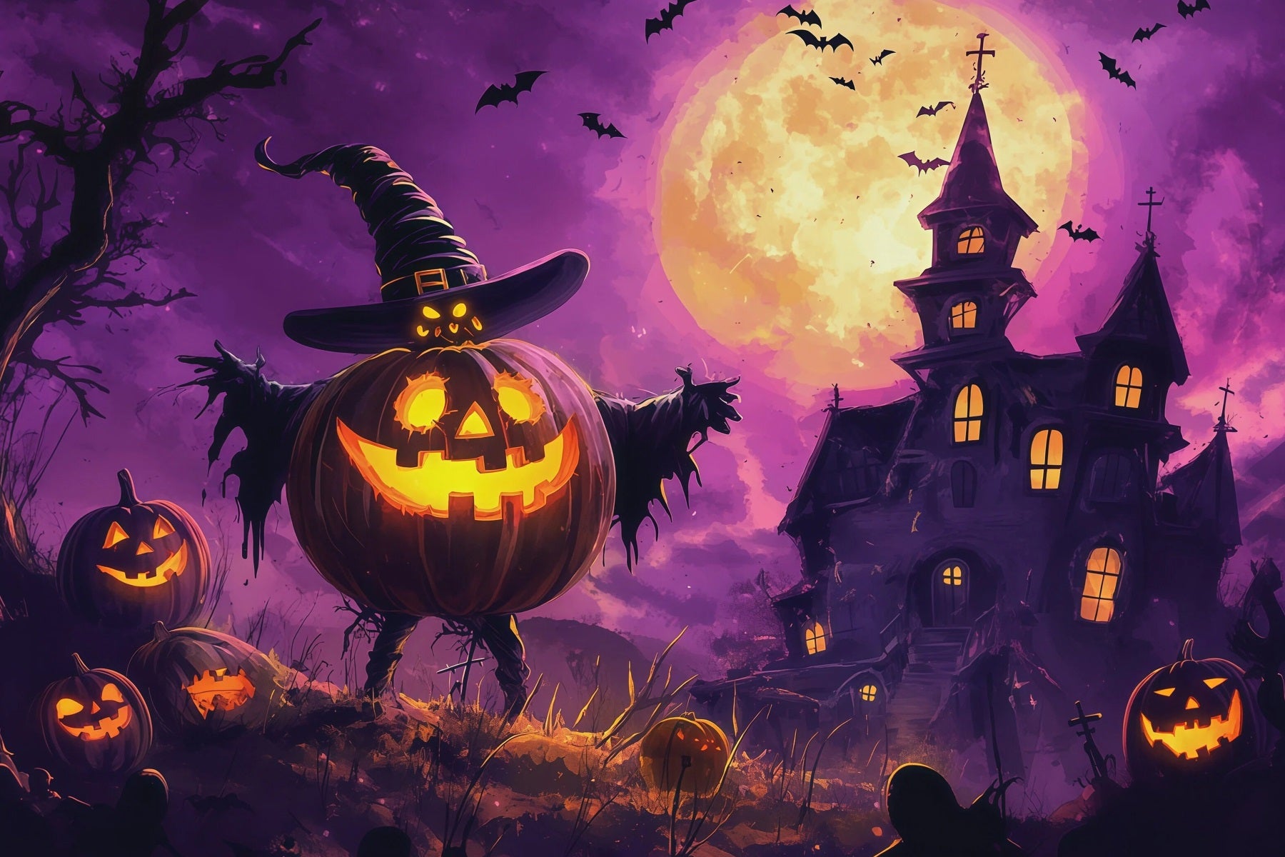 Halloween Party Photo Backdrop Ideas Moonlit Pumpkin Witch Mansion Creepy Halloween Backdrop RR67-144