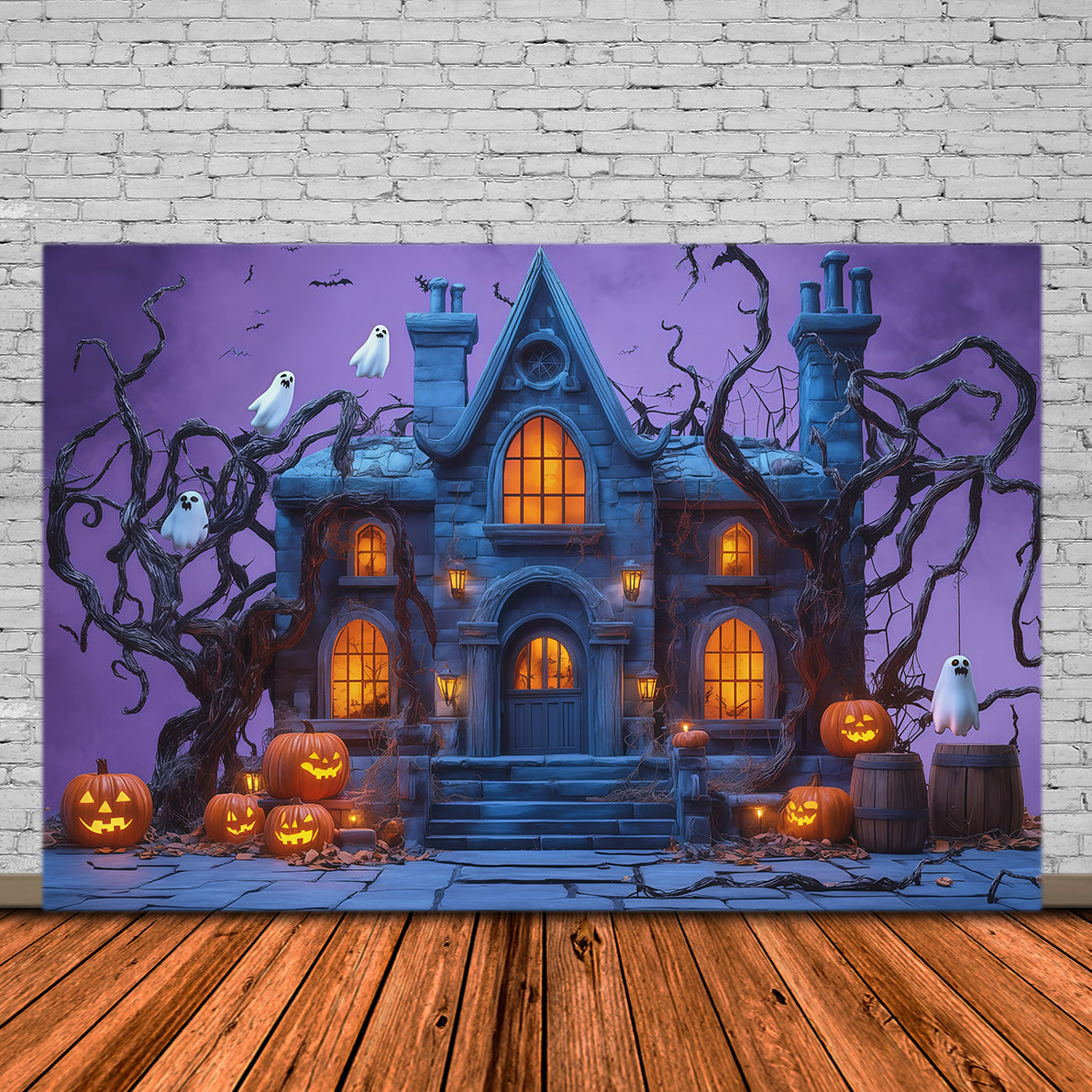 Halloween Scene Backdrop Ghostly Pumpkin Haunted Manor Backdrop For Halloween RR67-145