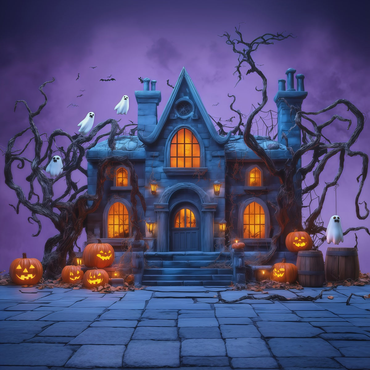 Halloween Scene Backdrop Ghostly Pumpkin Haunted Manor Backdrop For Halloween RR67-145