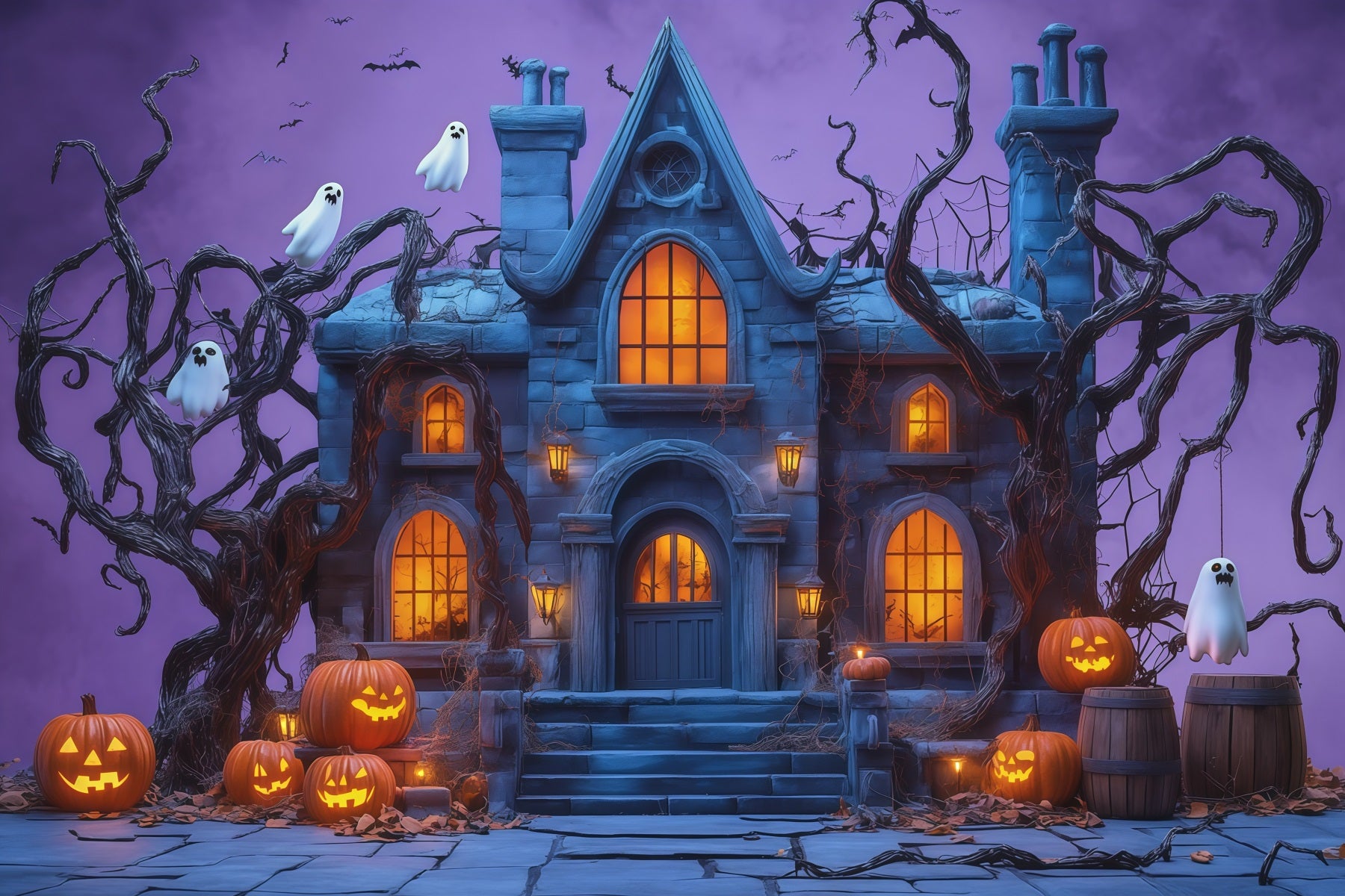Halloween Scene Backdrop Ghostly Pumpkin Haunted Manor Backdrop For Halloween RR67-145