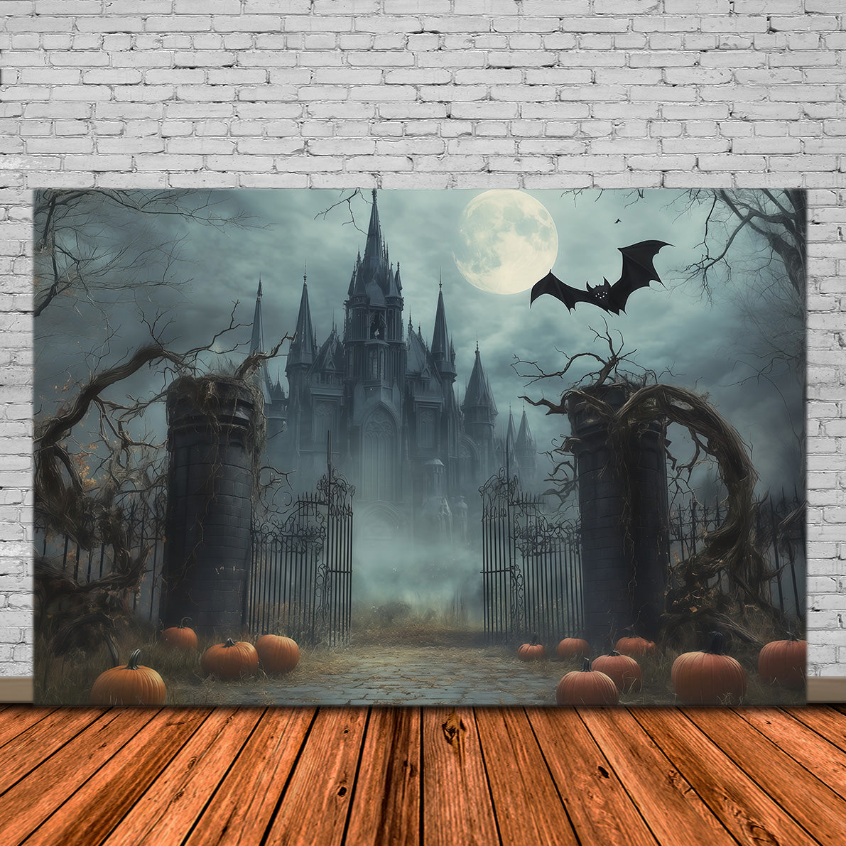 Scary Halloween Photo Backdrops Foggy Moonlit Gothic Gateway Happy Halloween Backdrop RR67-146