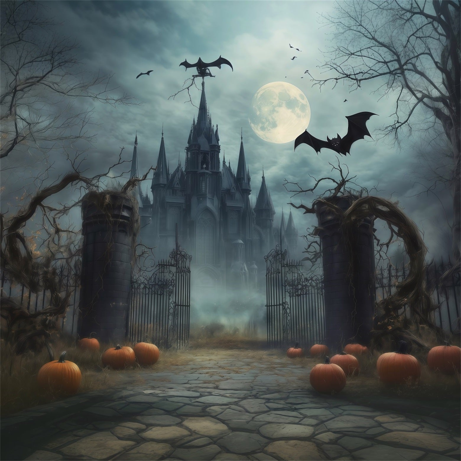 Scary Halloween Photo Backdrops Foggy Moonlit Gothic Gateway Happy Halloween Backdrop RR67-146