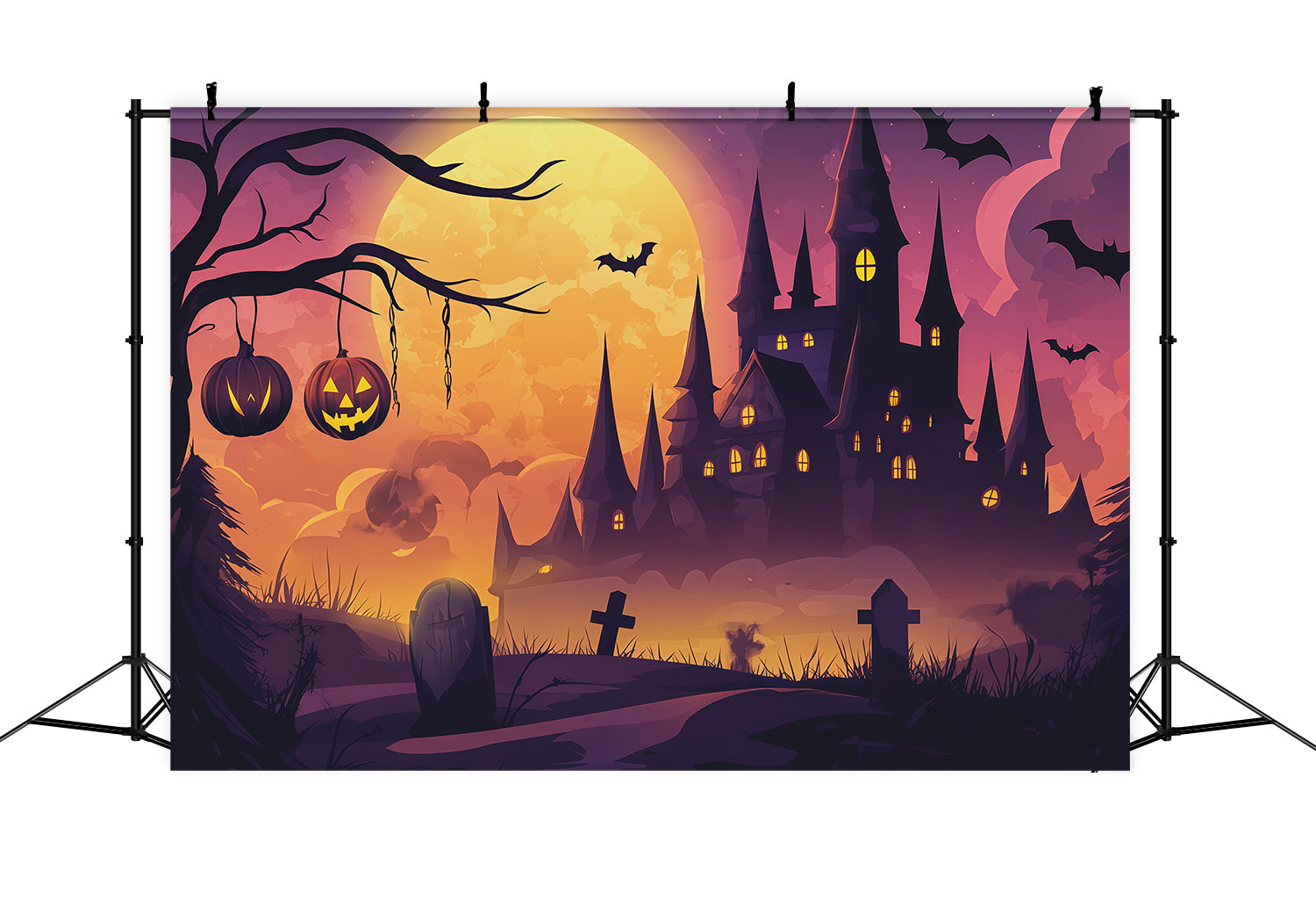 Simple Halloween Backdrop Moonlit Pumpkin Castle Graveyard Extra Large Halloween Backdrop RR67-147