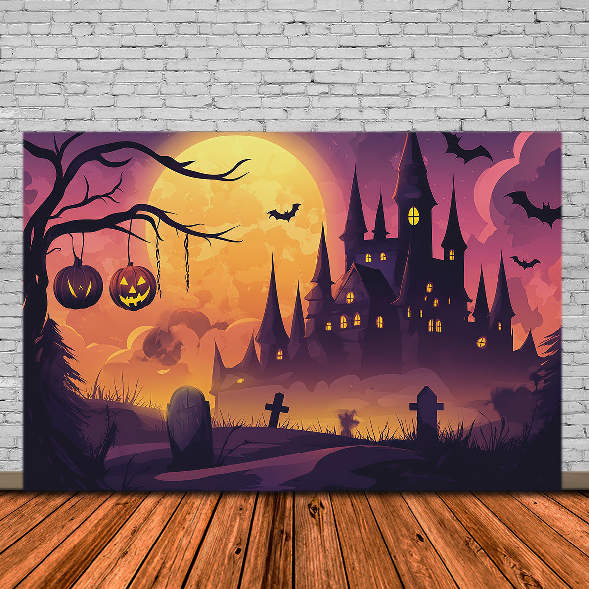 Simple Halloween Backdrop Moonlit Pumpkin Castle Graveyard Extra Large Halloween Backdrop RR67-147