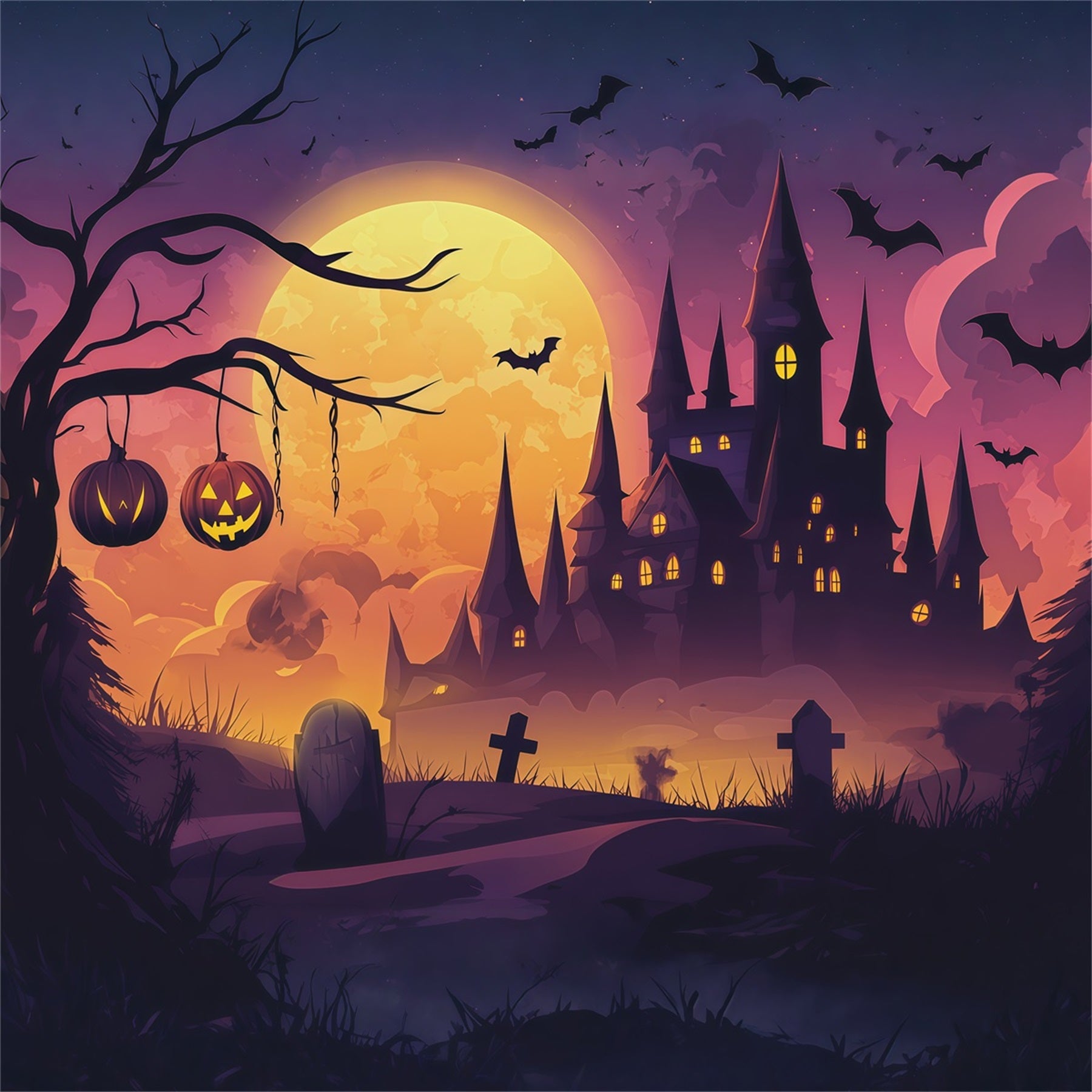 Simple Halloween Backdrop Moonlit Pumpkin Castle Graveyard Extra Large Halloween Backdrop RR67-147