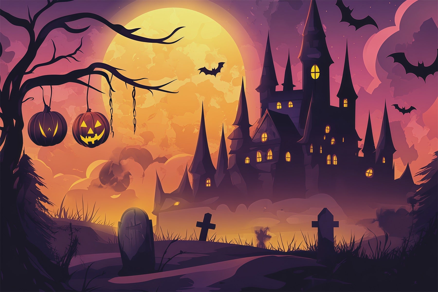 Simple Halloween Backdrop Moonlit Pumpkin Castle Graveyard Extra Large Halloween Backdrop RR67-147