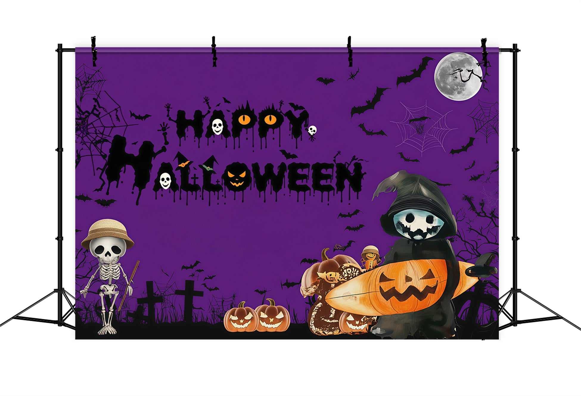 Photo Booth Halloween Backdrop Ideas Purple Skeleton Pumpkin Night Halloween Picture Backdrop RR67-15