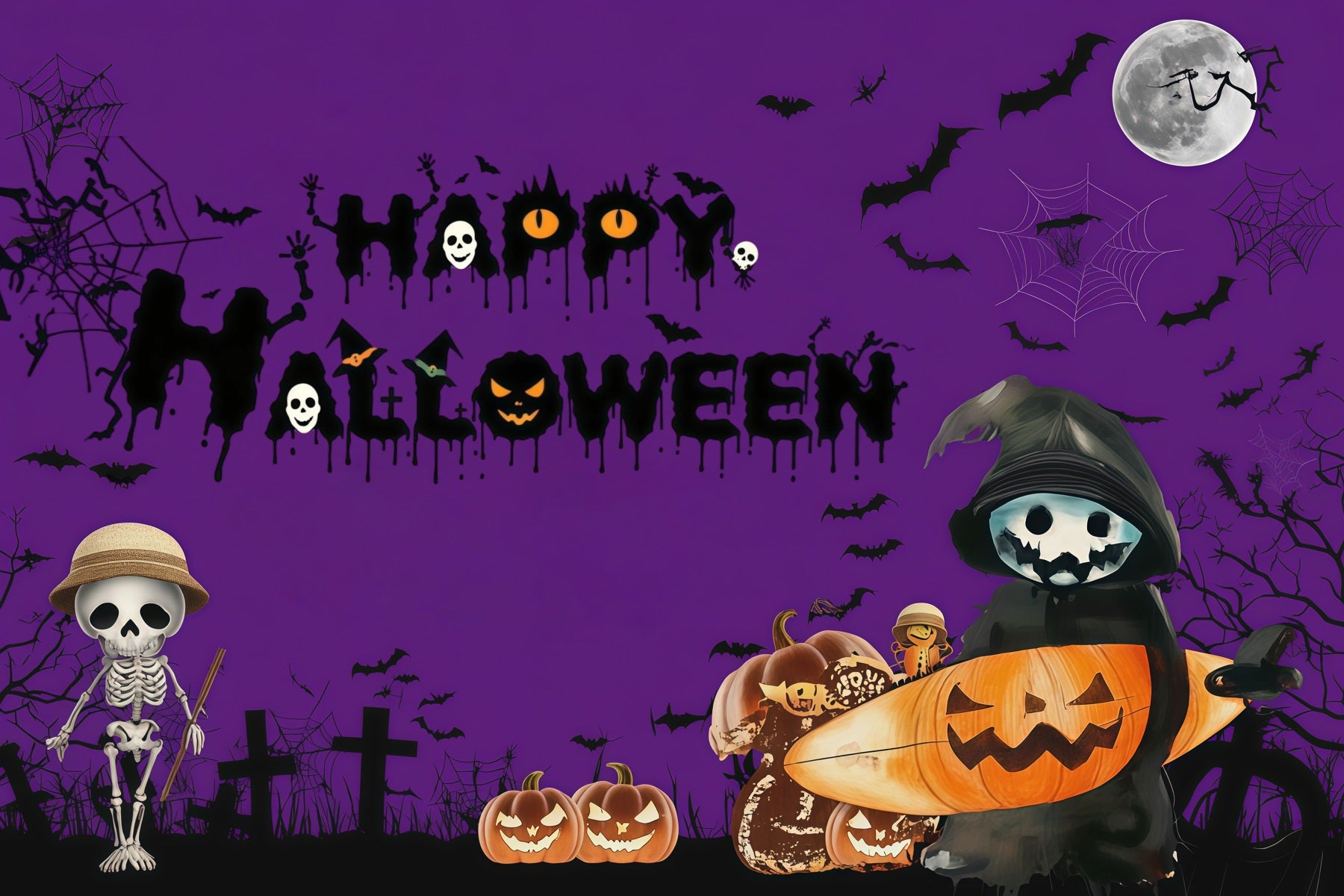 Photo Booth Halloween Backdrop Ideas Purple Skeleton Pumpkin Night Halloween Picture Backdrop RR67-15