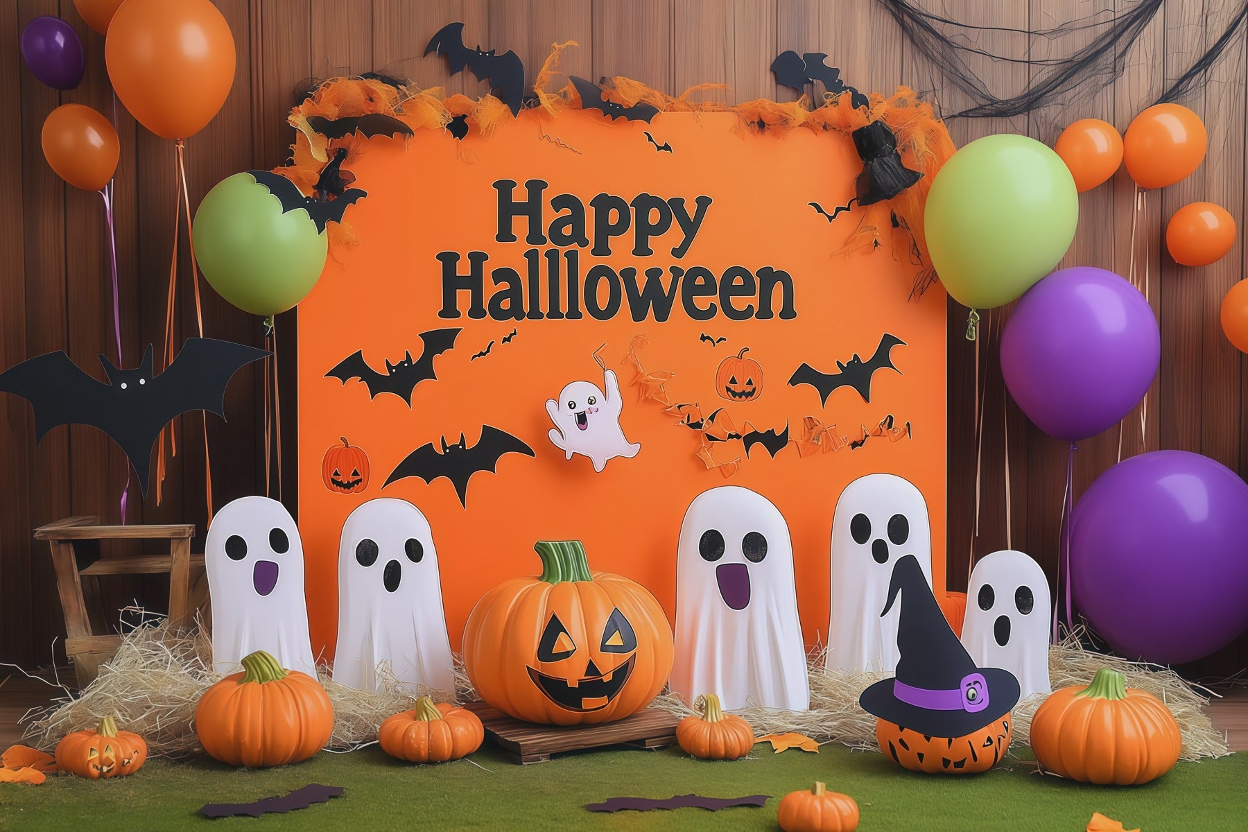 Halloween Party Picture Backdrop Cheerful Ghost Pumpkin Halloween Backdrop RR67-150
