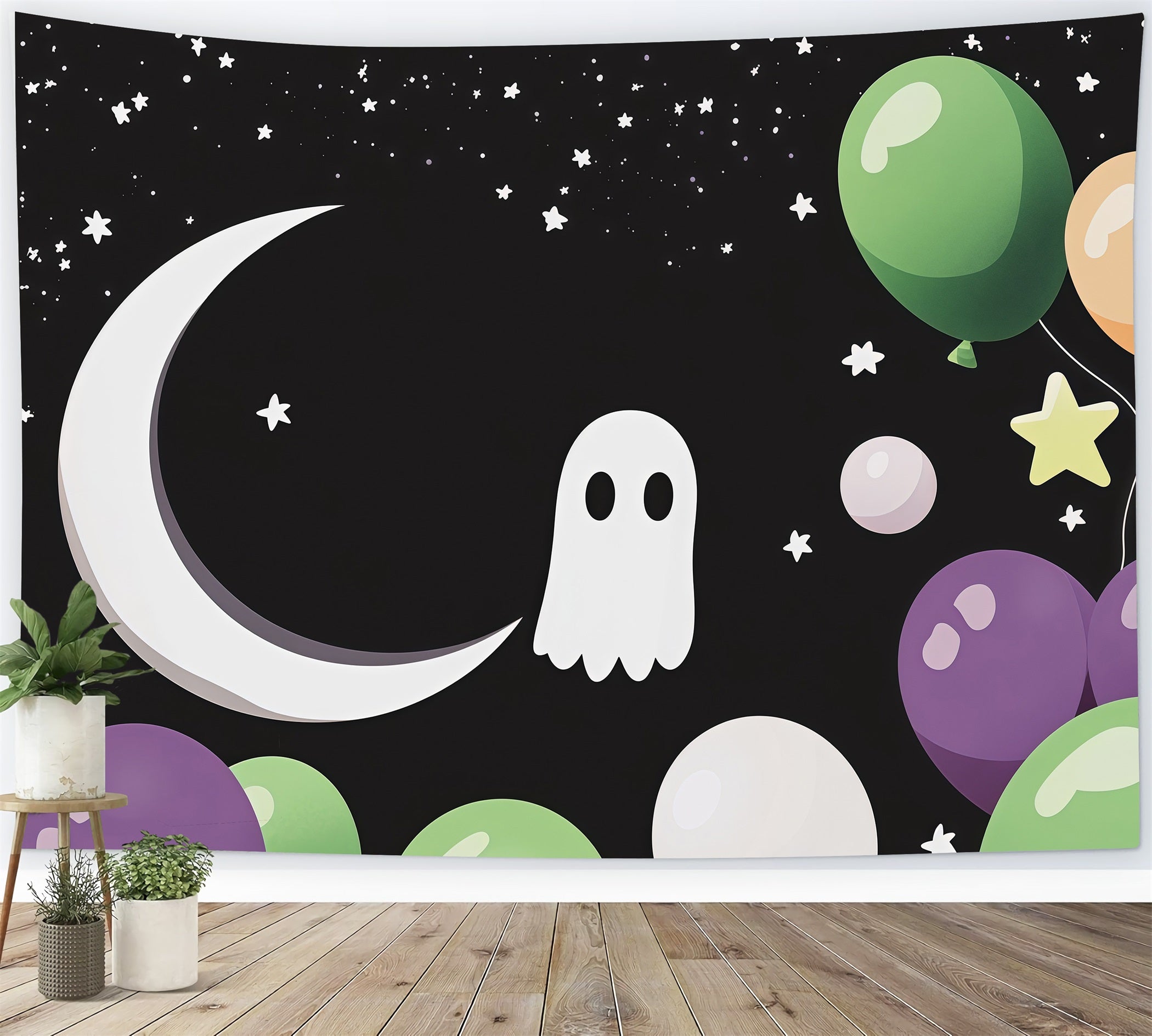 Halloween Theme Backdrop Cute Ghost Moon Balloon Halloween Backdrop For Photos RR67-153