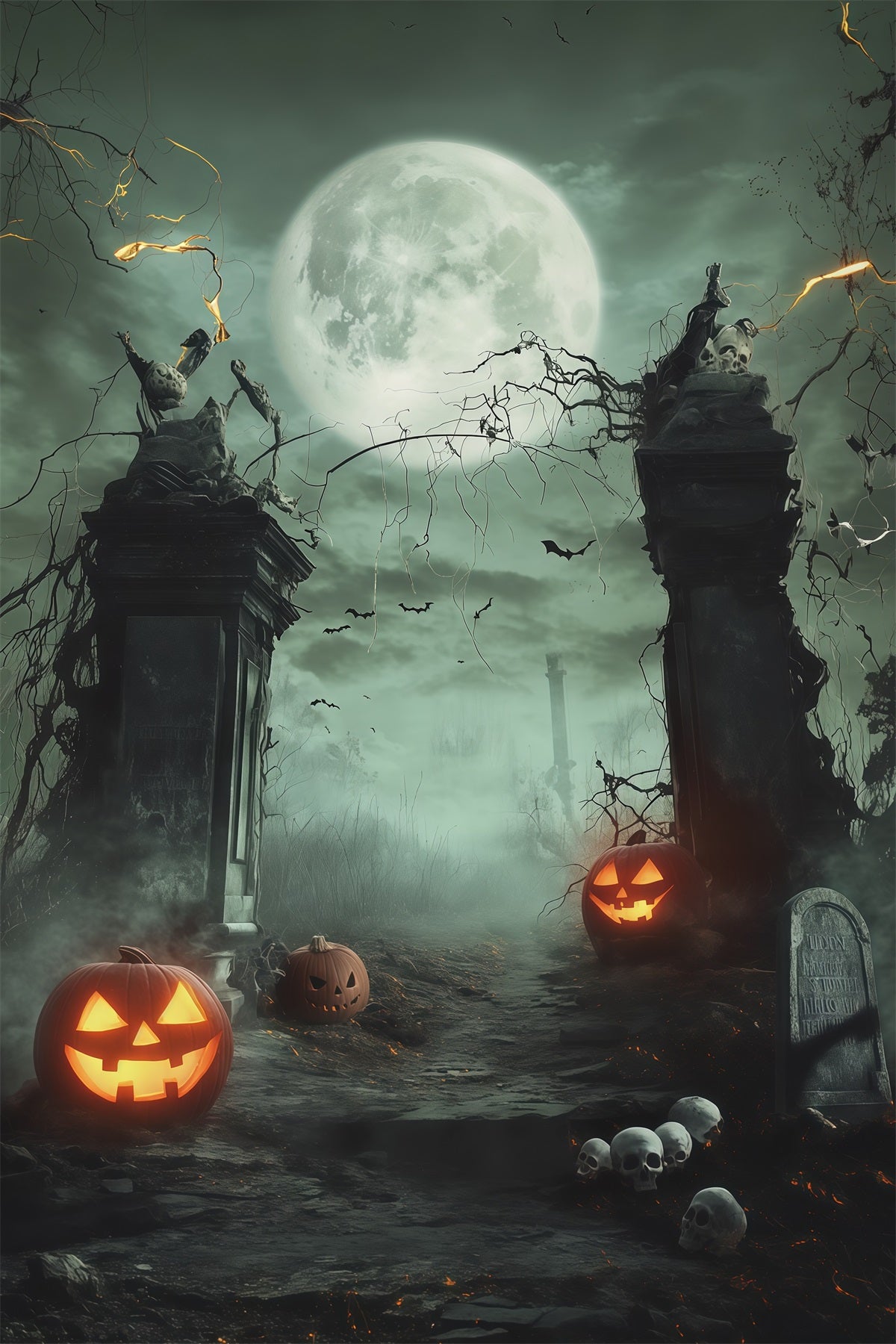 Halloween Themed Backdrops Moonlit Skull Pumpkin Gateway Halloween Backdrop Ideas RR67-154