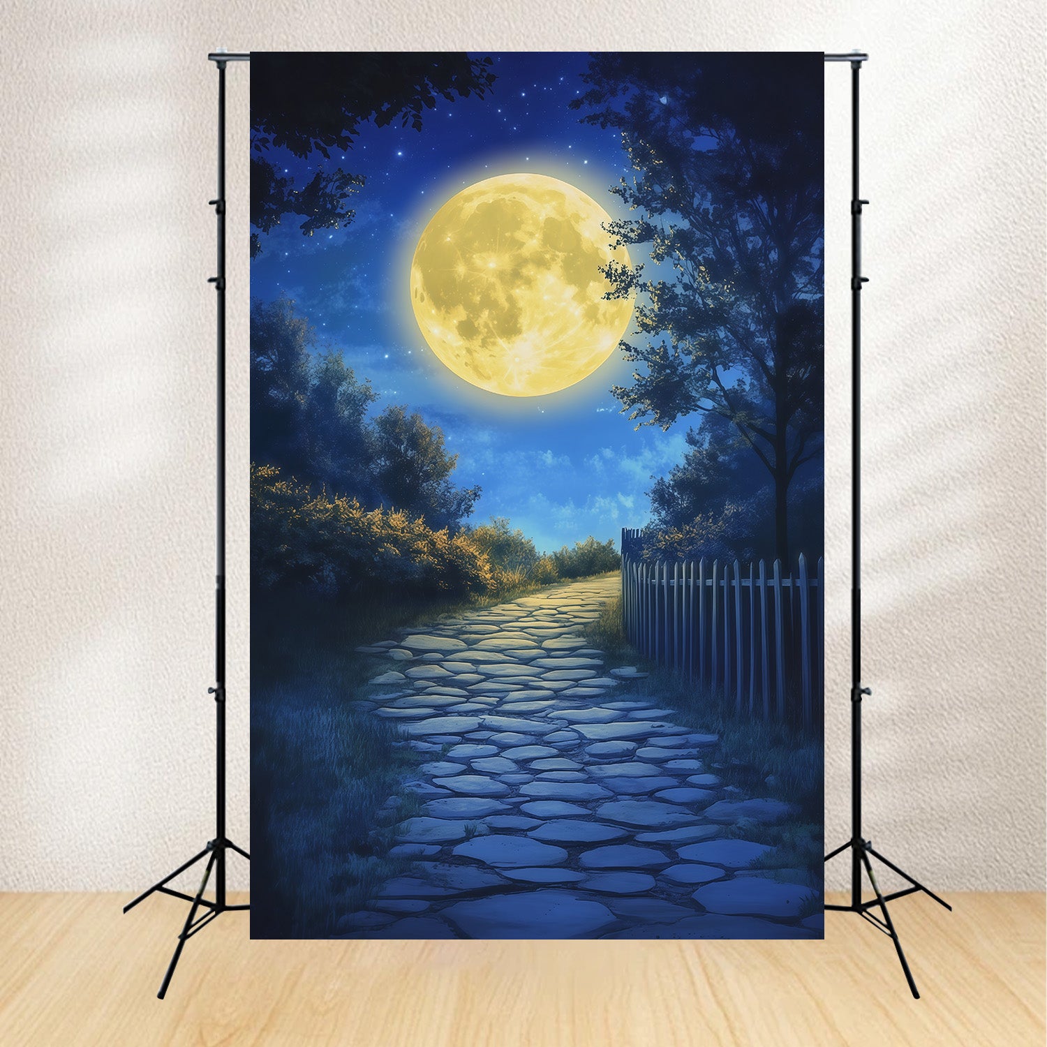 Halloween Moon Backdrop Moonlit Forest Cobblestone Path Halloween Photo Backdrops RR67-157