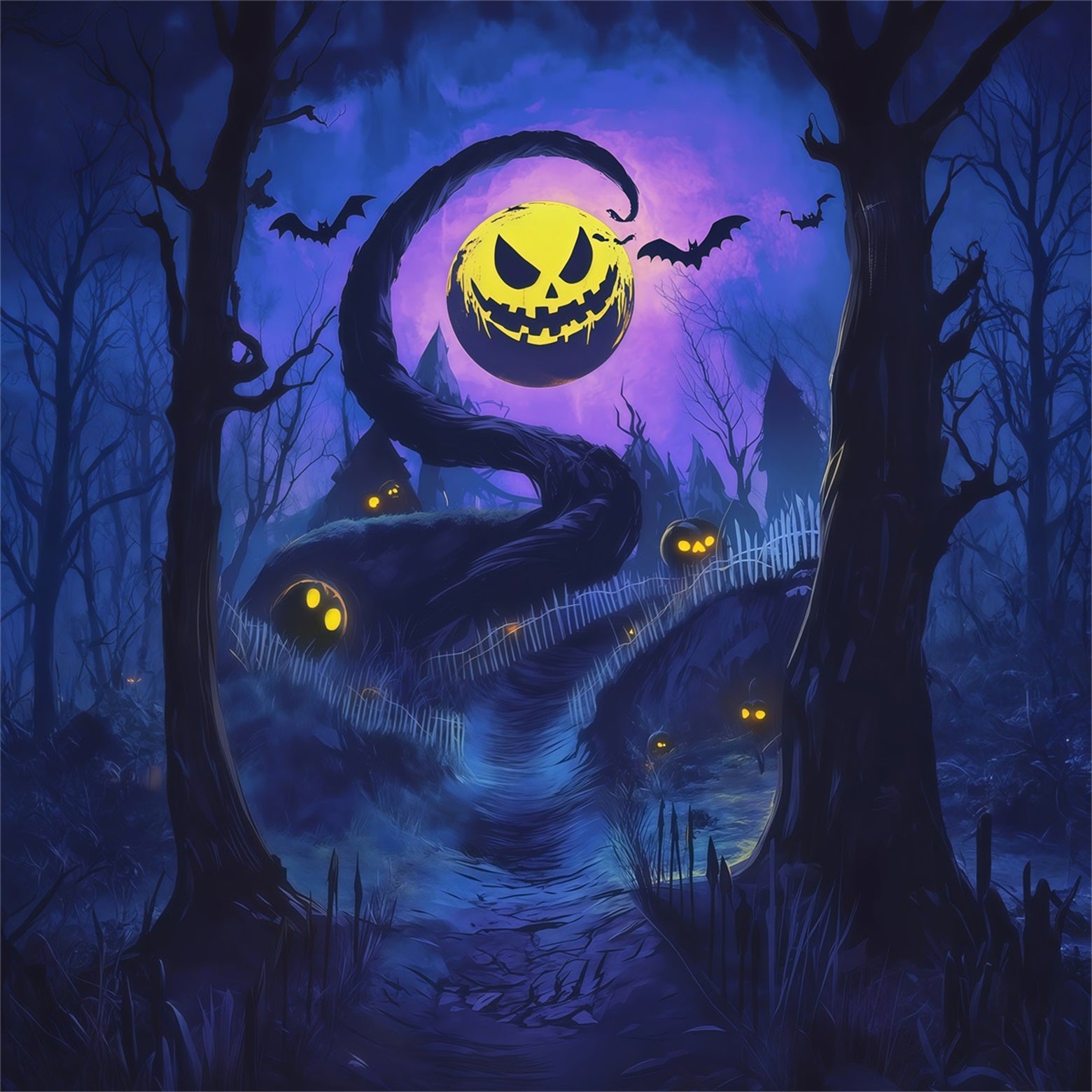 Outdoor Halloween Backdrop Twisted Pumpkin Moon Trail Spooky Halloween Backdrop RR67-158