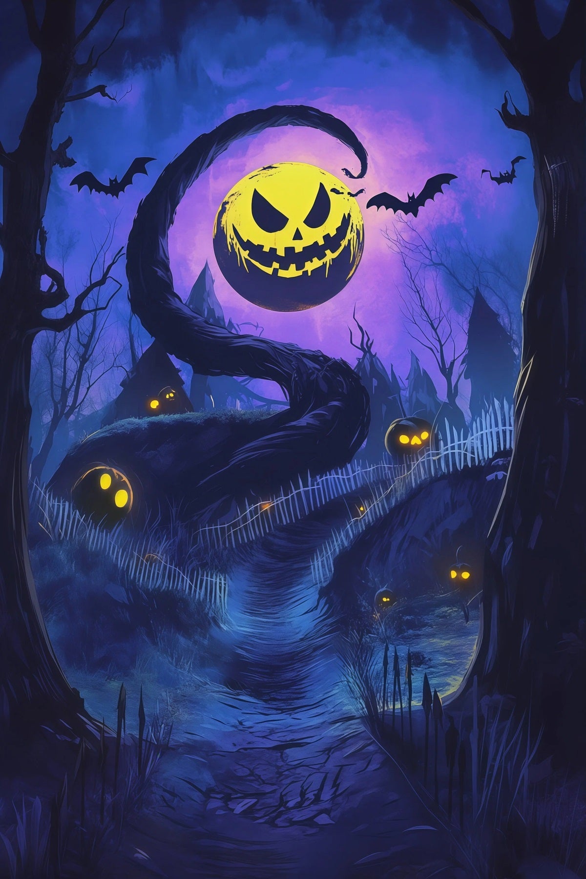 Outdoor Halloween Backdrop Twisted Pumpkin Moon Trail Spooky Halloween Backdrop RR67-158