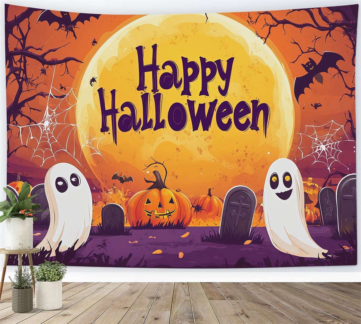 Halloween Backdrop Photo Moonlit Ghost Pumpkin Graveyard Halloween Party Backdrop RR67-159