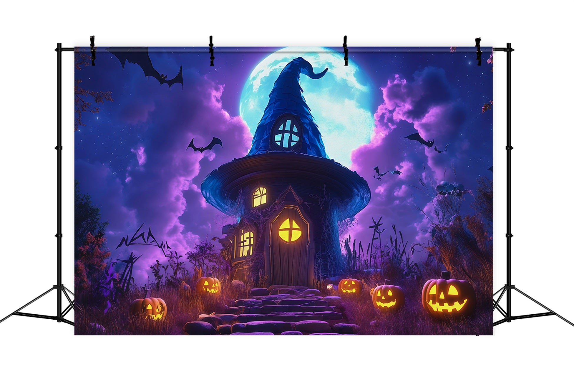 Halloween Castle Backdrop Moonlit Witch House Pumpkins Large Halloween Backdrop RR67-16