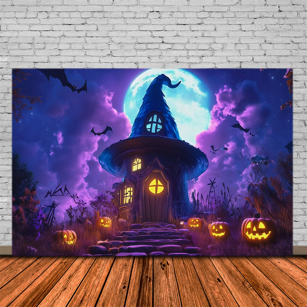 Halloween Castle Backdrop Moonlit Witch House Pumpkins Large Halloween Backdrop RR67-16