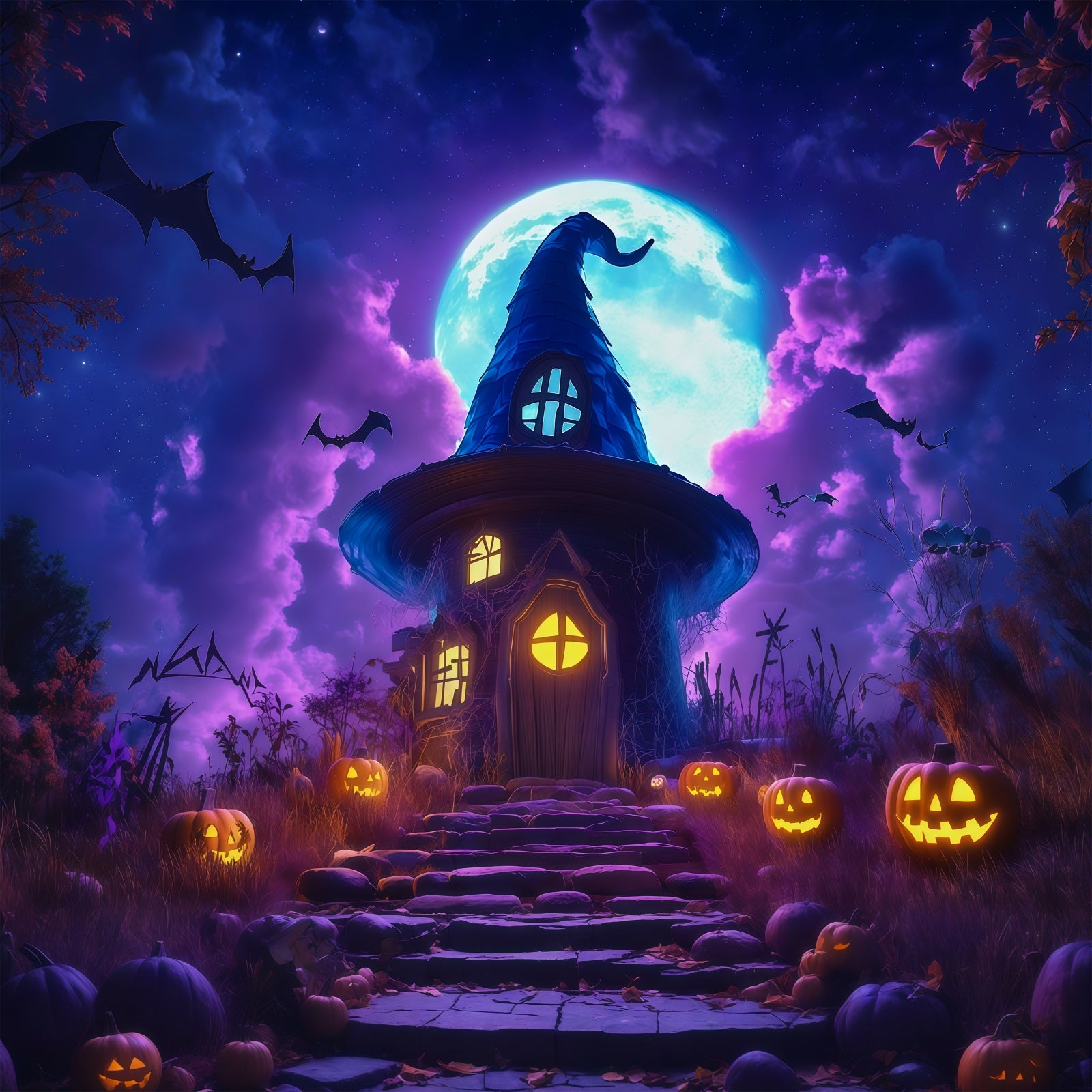 Halloween Castle Backdrop Moonlit Witch House Pumpkins Large Halloween Backdrop RR67-16