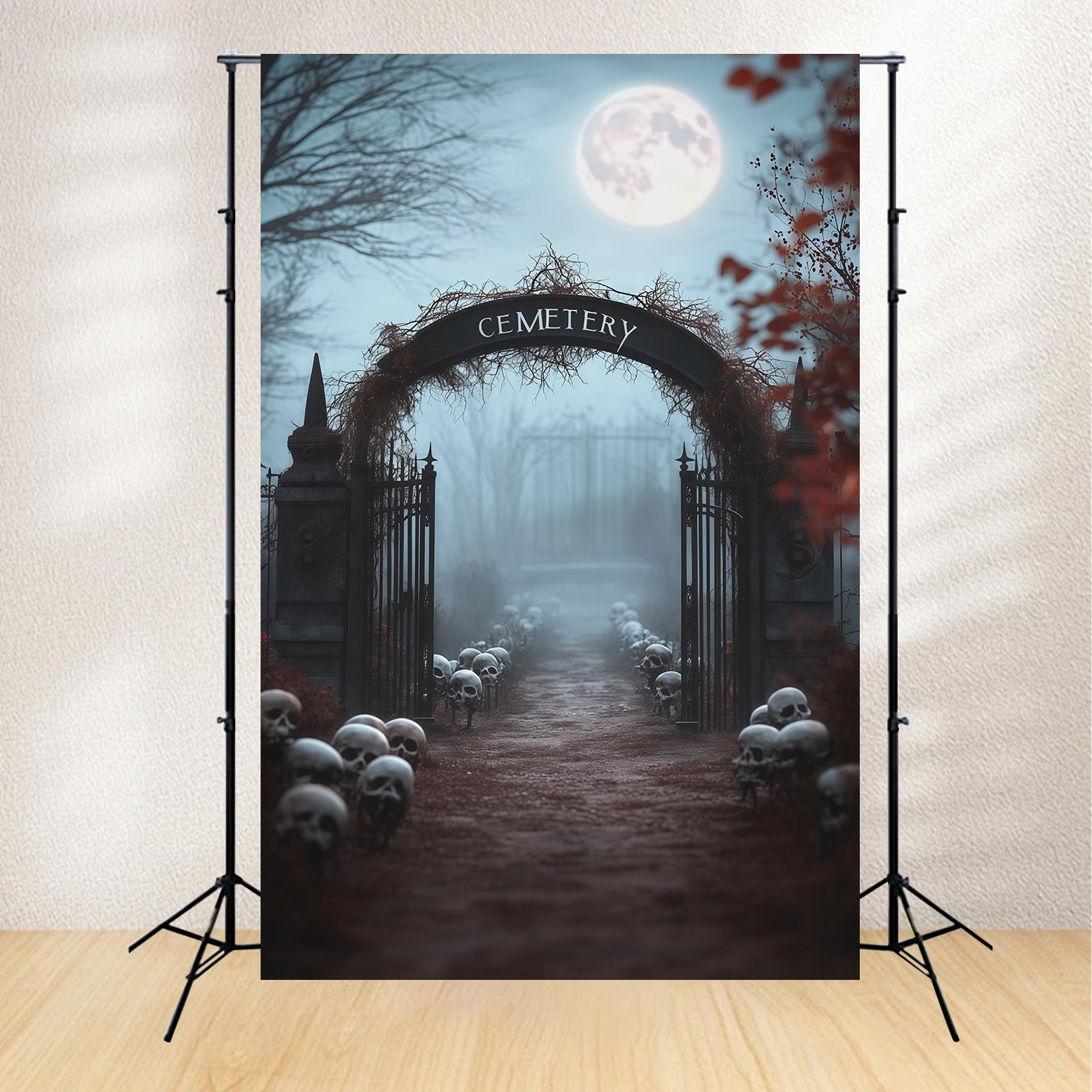Halloween Outdoor Backdrop Foggy Skull Cemetery Entrance Halloween Backdrops For Photos RR67-160