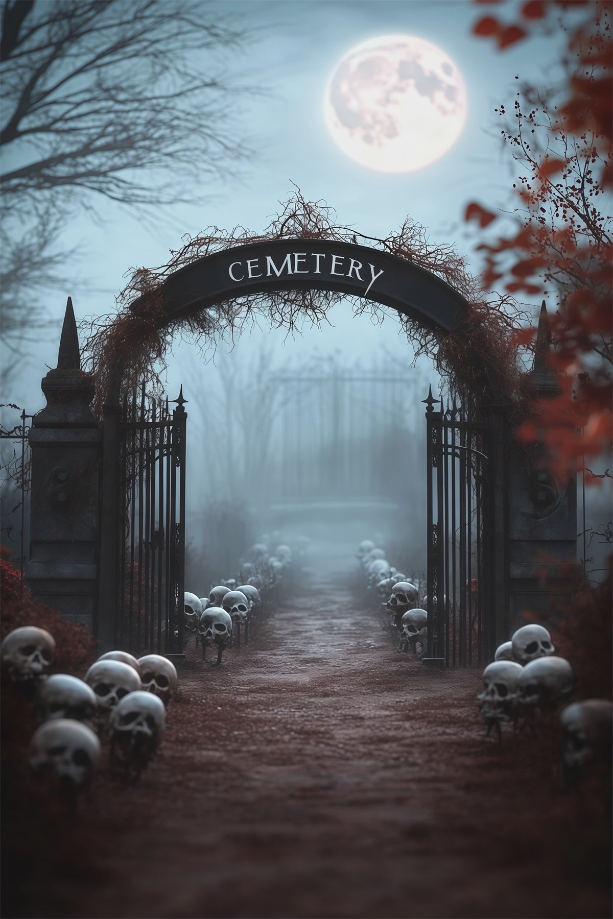 Halloween Outdoor Backdrop Foggy Skull Cemetery Entrance Halloween Backdrops For Photos RR67-160