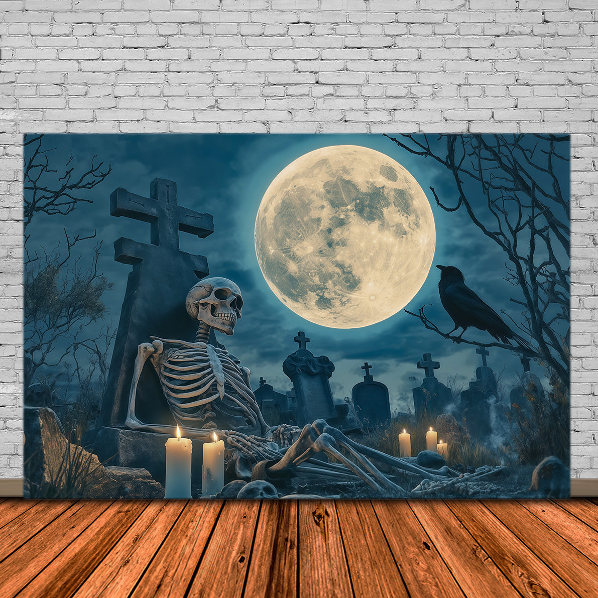 Halloween Skeleton Backdrop Moonlit Cemetery Vigil Black Halloween Backdrop RR67-163