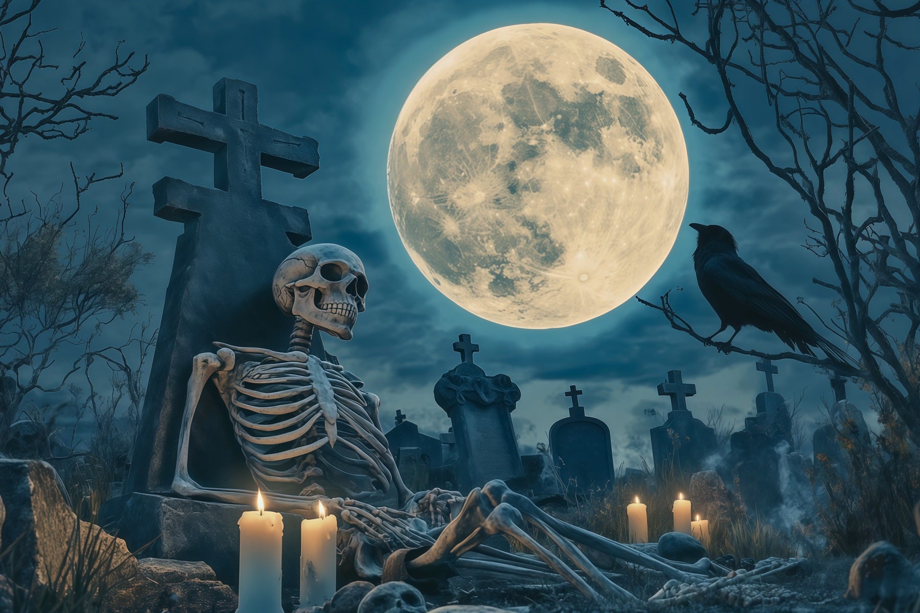 Halloween Skeleton Backdrop Moonlit Cemetery Vigil Black Halloween Backdrop RR67-163
