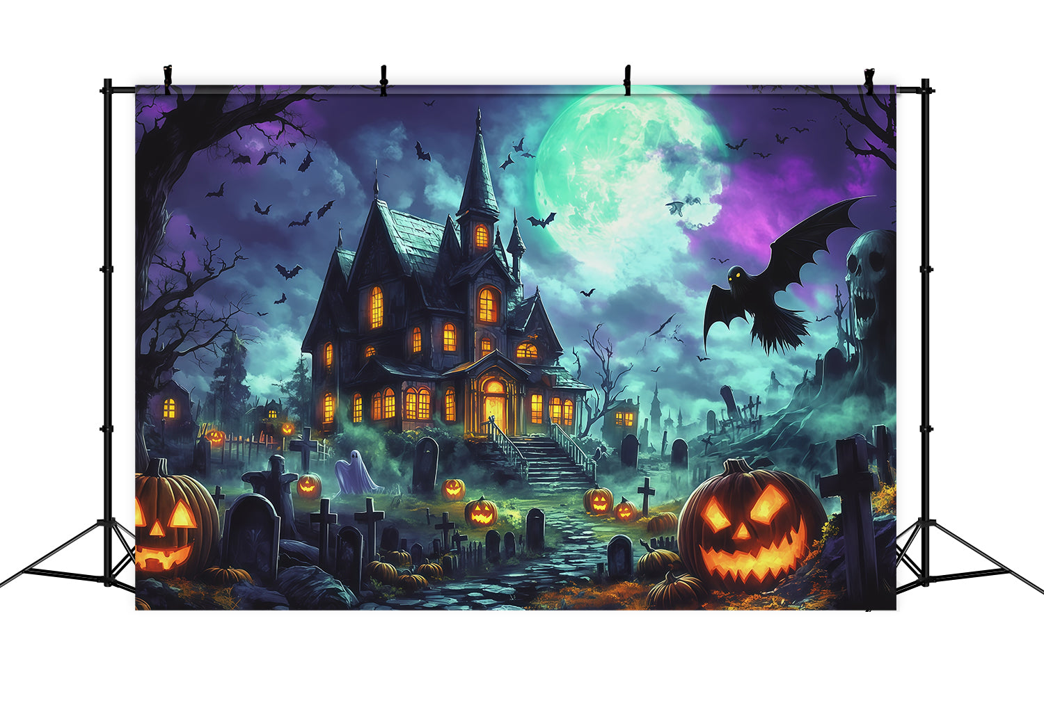 Halloween Backdrop Haunted House Moonlit Pumpkin Manor Magical Christmas Backdrop RR67-165