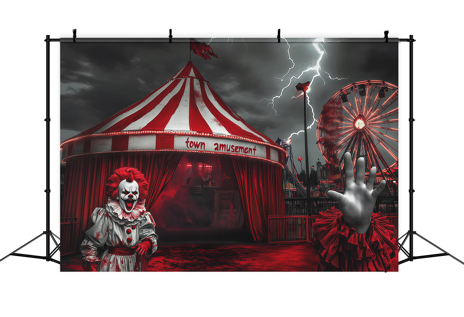 Scary Carnival Backdrop Stormy Clown Entrance Halloween Fabric Backdrop RR67-166