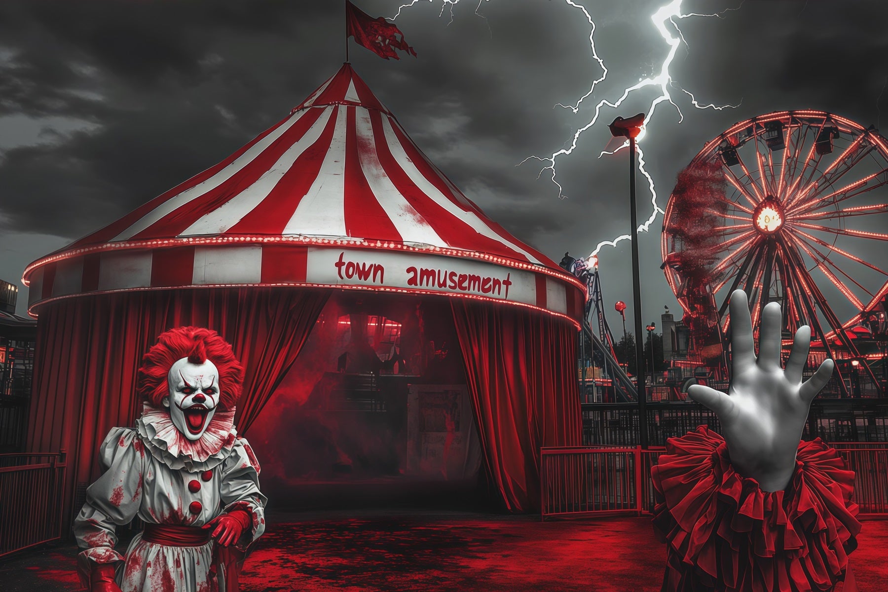 Scary Carnival Backdrop Stormy Clown Entrance Halloween Fabric Backdrop RR67-166