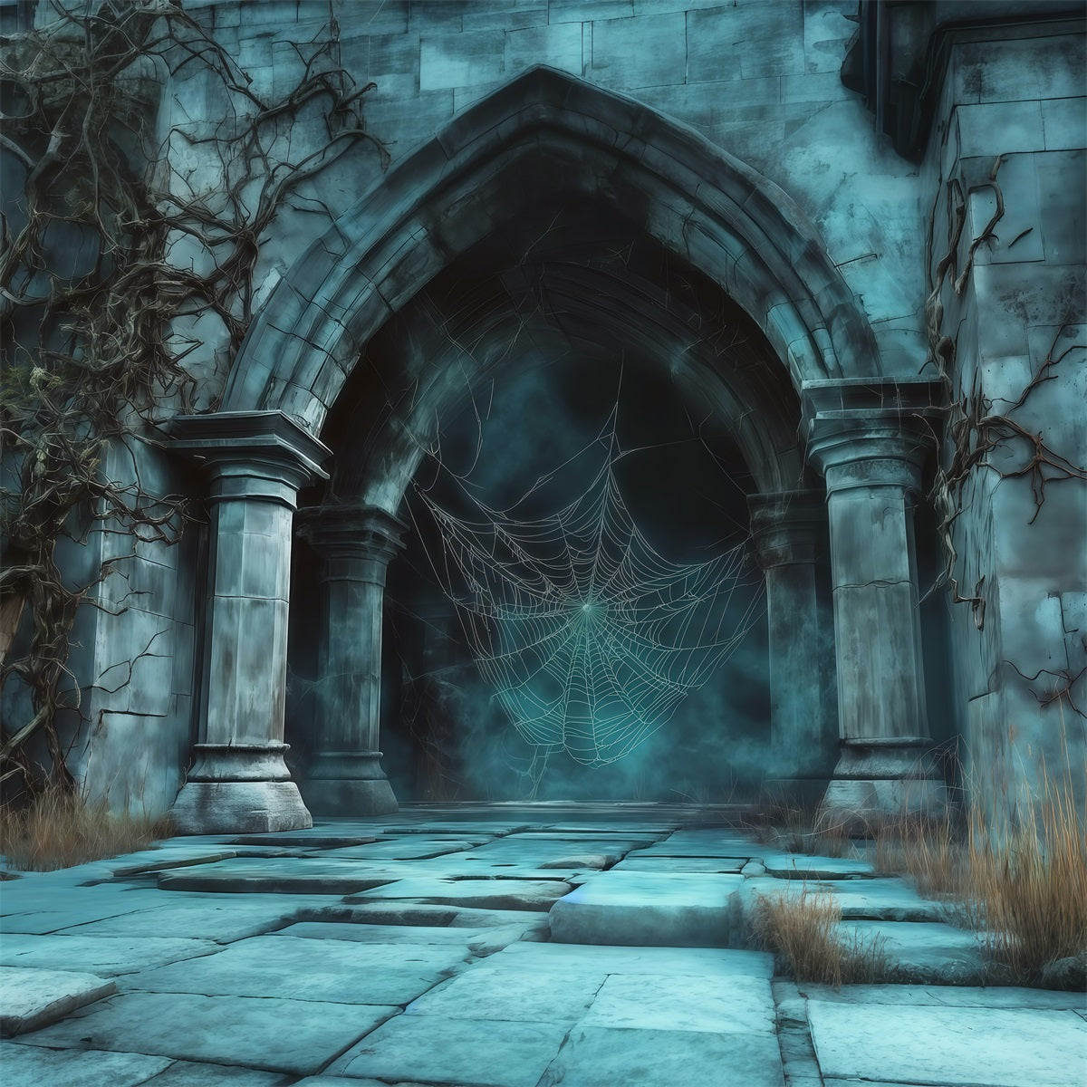 Spiderweb Backdrop Foggy Gothic Stone Archway Magical Backdrops RR67-169