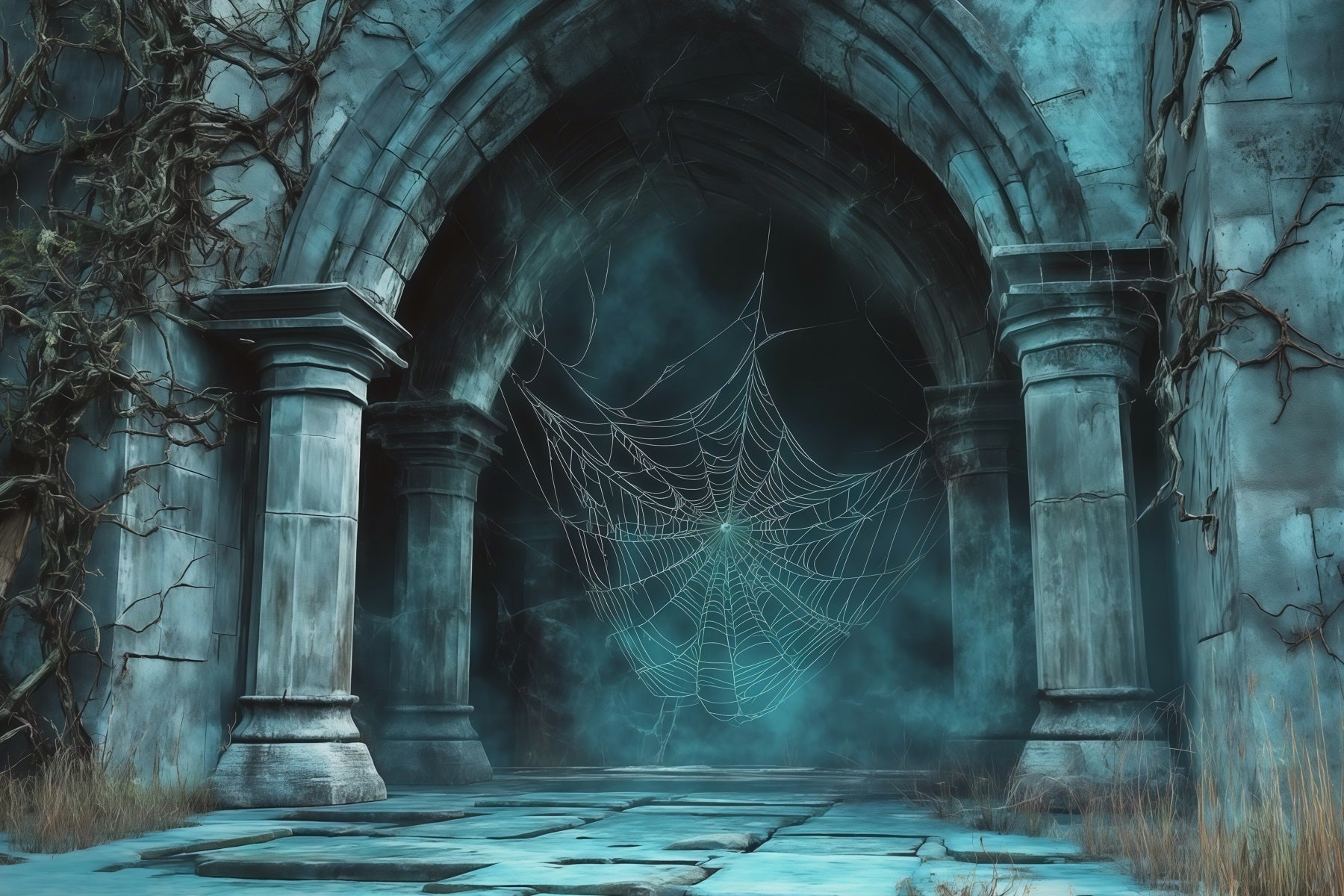 Spiderweb Backdrop Foggy Gothic Stone Archway Magical Backdrops RR67-169