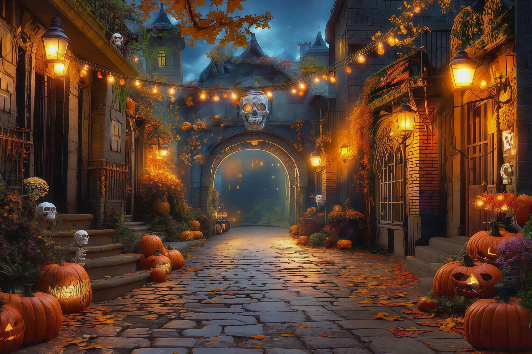 Fall Halloween Backdrop Pumpkin Alley Skull Lanterns Scary Halloween Backdrops RR67-17