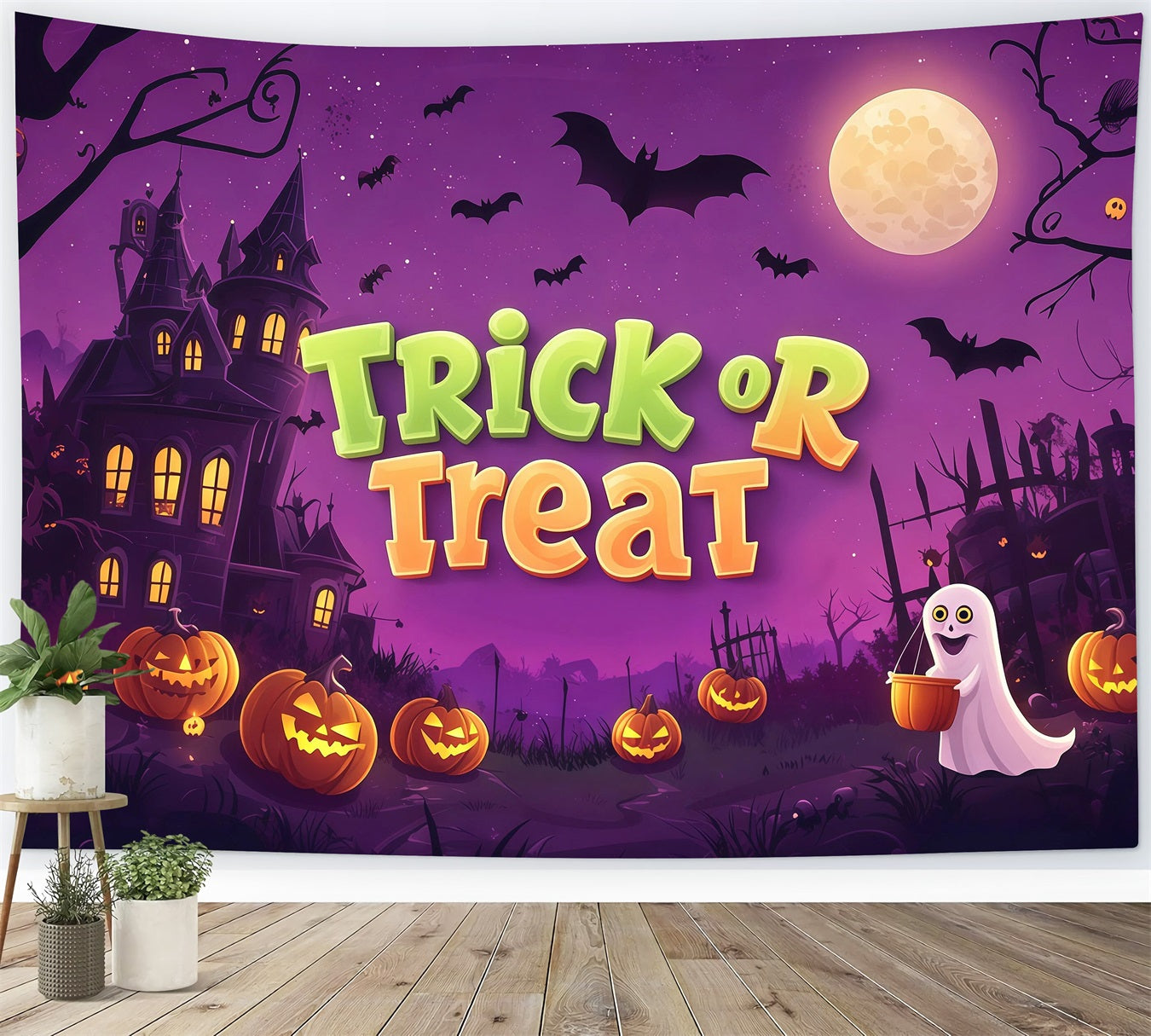 Trick Or Treat Backdrop Ghostly Pumpkin Haunted Castle Halloween Wedding Backdrop RR67-170