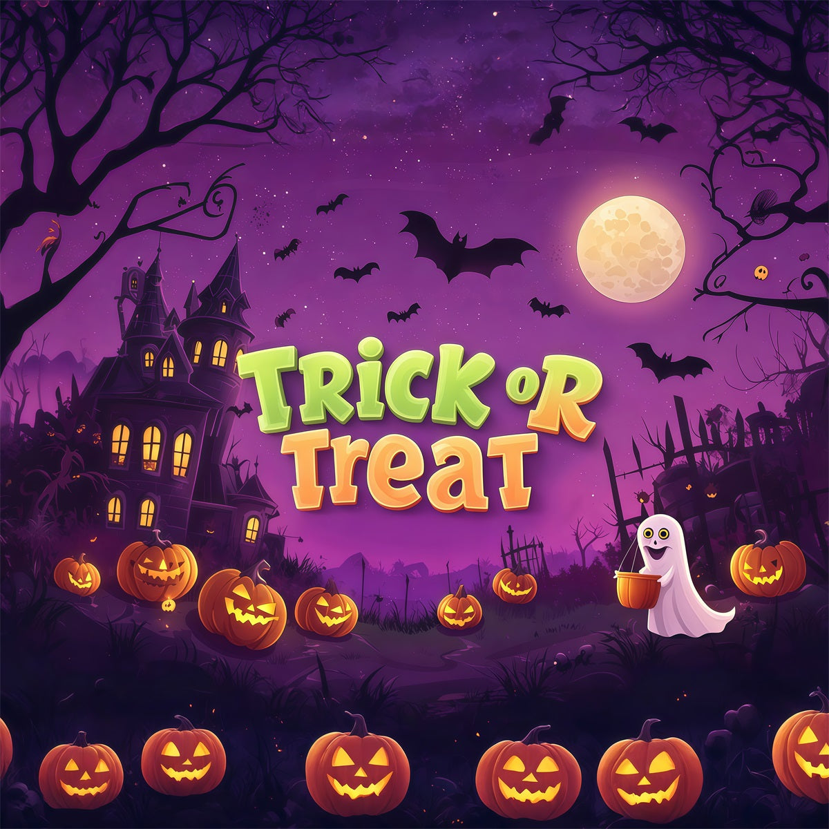 Trick Or Treat Backdrop Ghostly Pumpkin Haunted Castle Halloween Wedding Backdrop RR67-170