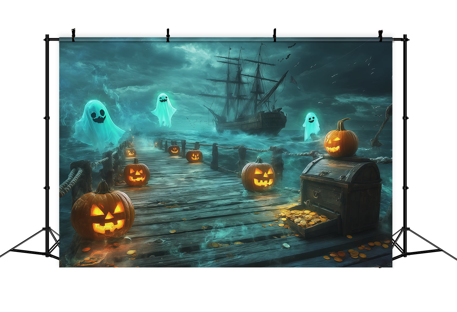 Halloween Pirate Backdrop Ghost Pirate Pumpkin Harbor Cute Halloween Backdrops RR67-173
