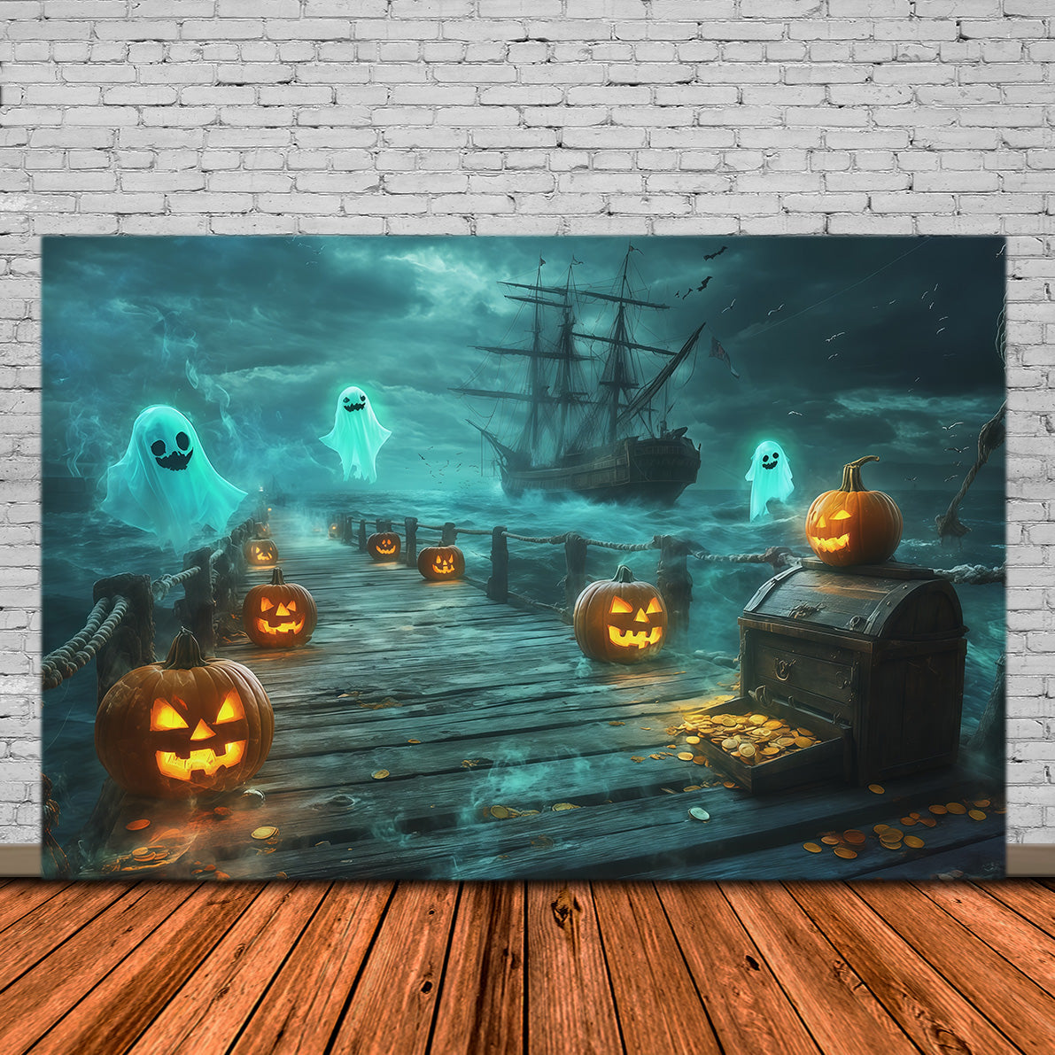 Halloween Pirate Backdrop Ghost Pirate Pumpkin Harbor Cute Halloween Backdrops RR67-173