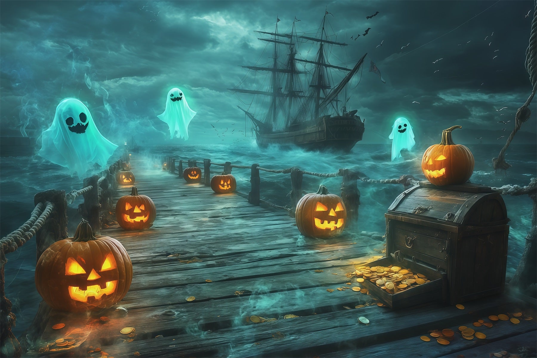 Halloween Pirate Backdrop Ghost Pirate Pumpkin Harbor Cute Halloween Backdrops RR67-173