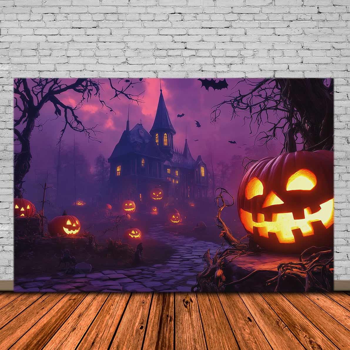 Pumpkins Backdrop Purple Sky Haunted Manor Halloween Backdrop Photo RR67-176