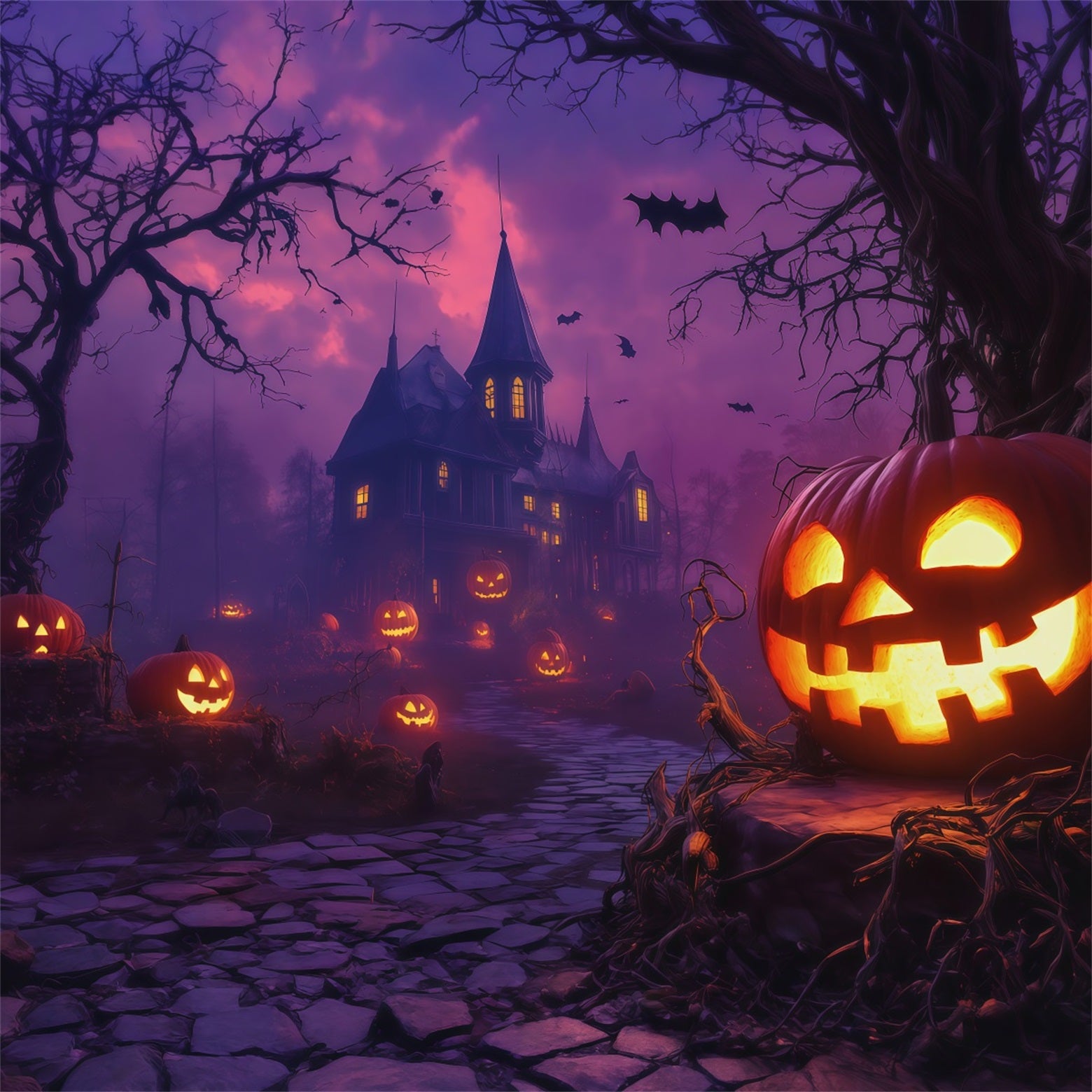 Pumpkins Backdrop Purple Sky Haunted Manor Halloween Backdrop Photo RR67-176