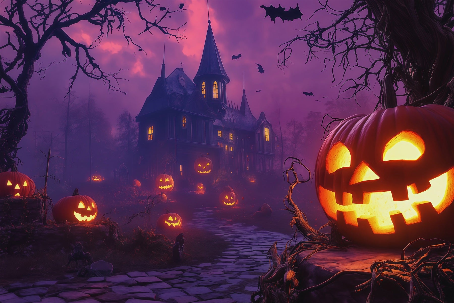 Pumpkins Backdrop Purple Sky Haunted Manor Halloween Backdrop Photo RR67-176