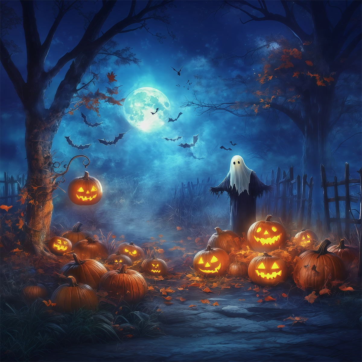 Pumpkin Patch Halloween Backdrop Moonlit Ghost Forest Halloween Outdoor Backdrop RR67-177