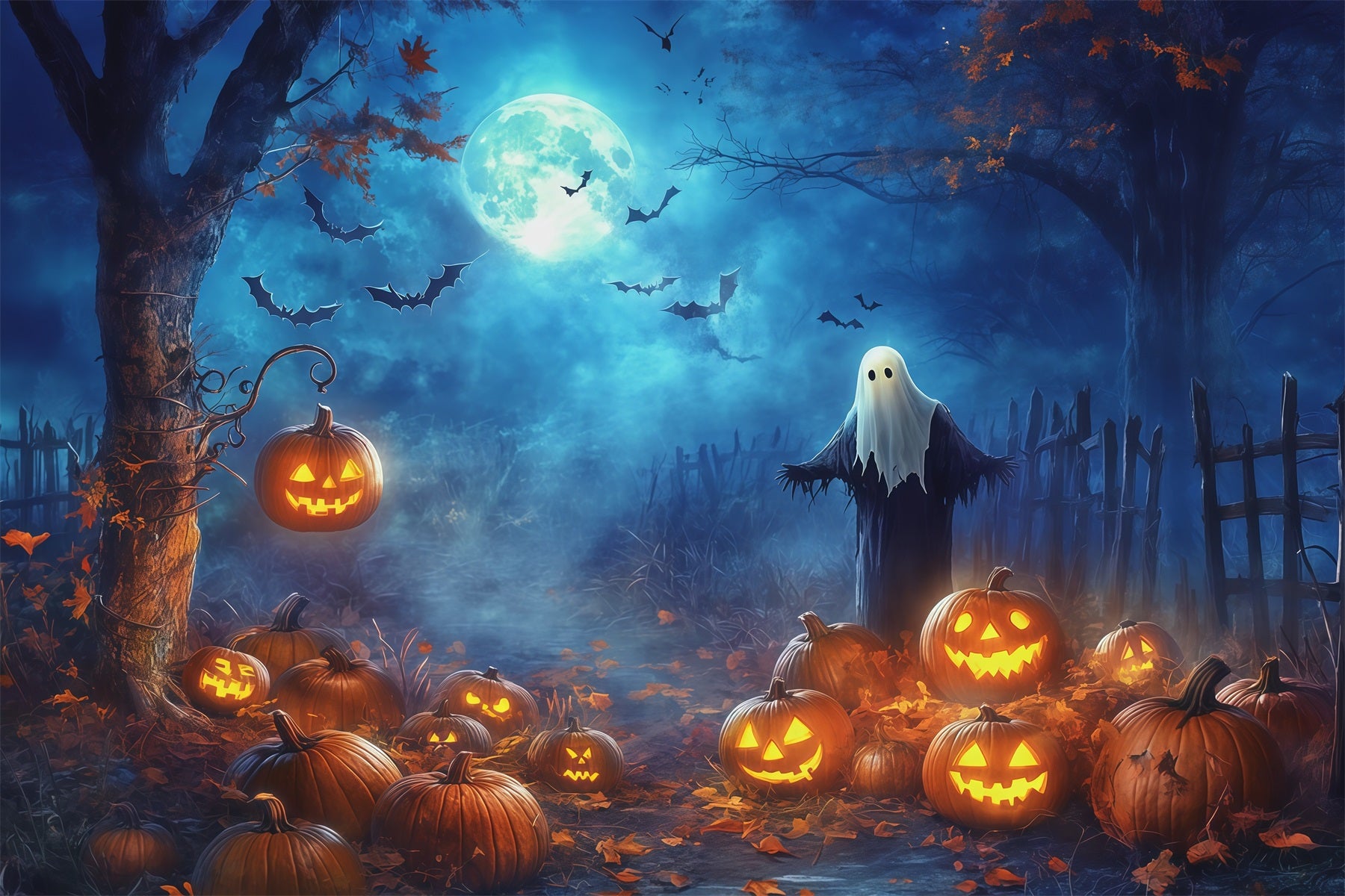 Pumpkin Patch Halloween Backdrop Moonlit Ghost Forest Halloween Outdoor Backdrop RR67-177