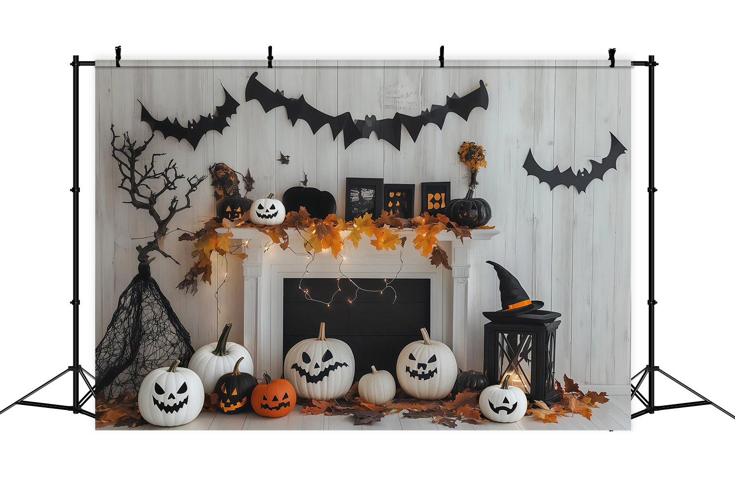 White Pumpkin Backdrop Fireplace Mantel Bat Decor Custom Halloween Backdrop RR67-179