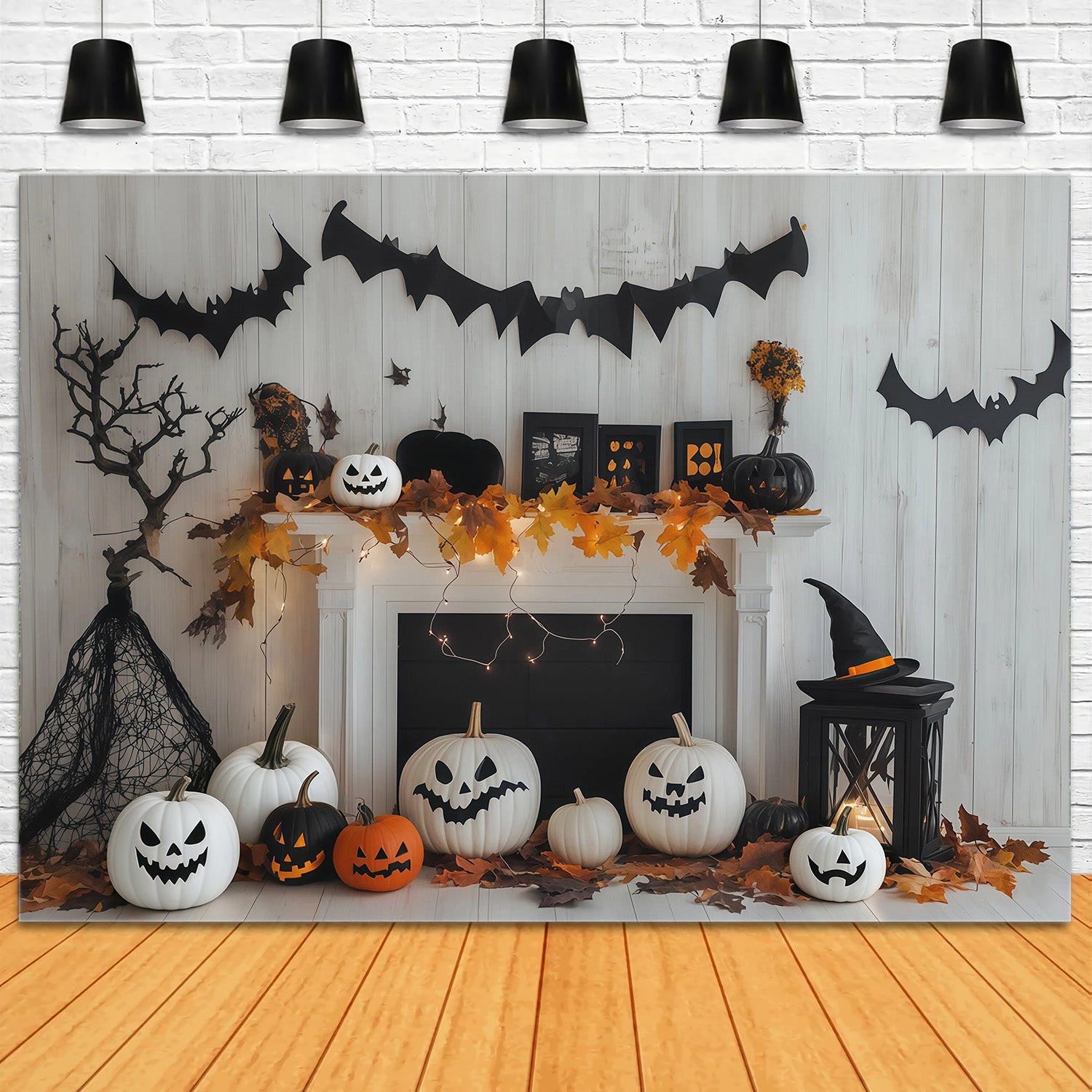 White Pumpkin Backdrop Fireplace Mantel Bat Decor Custom Halloween Backdrop RR67-179